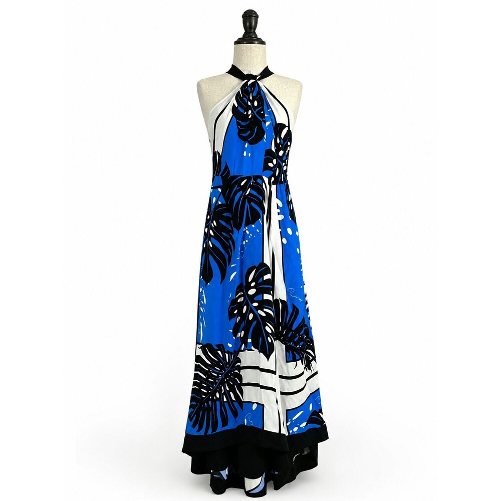 New Reiss Erin Palm Print Midi Dress Size 10 US Halter Neck Blue Black  no tie!